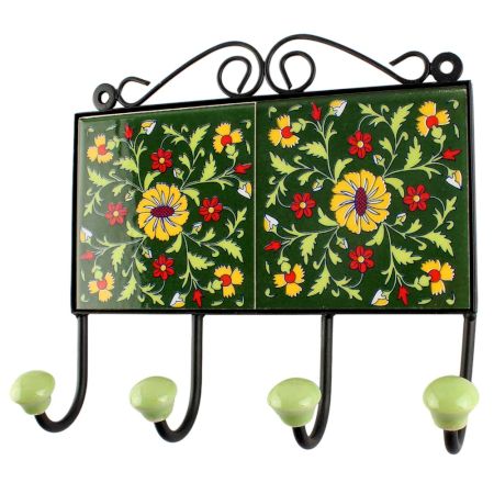 Forest Green Ceramic Floral Tile Wall Hook